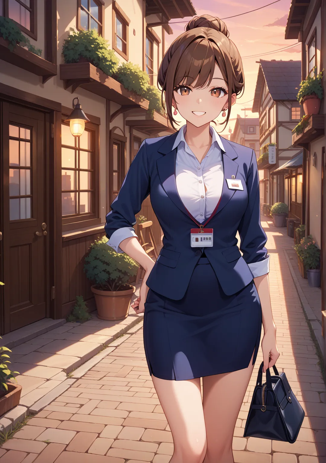 1 girl,office lady,navy skirt,low bun,brown hair,brown eye,short hair,swept bangs,hanging name tag,smile,evening,Town,Returning Home,walk