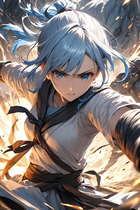 shortcut, Blue Hair/light blue hair tied at the top, 、battle、
textured skin, Highest quality, 