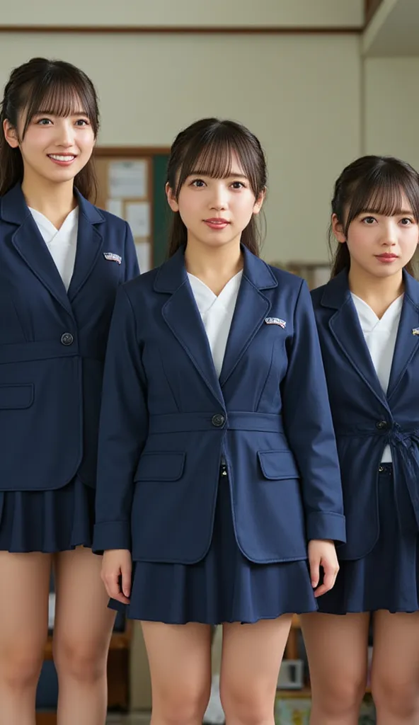 (masterpiece、best image quality、photorealistic)、 cute Japanese girl、3 people、(( Dark Blue School Swimsuit ))、They stand side by side in class and receive explanations