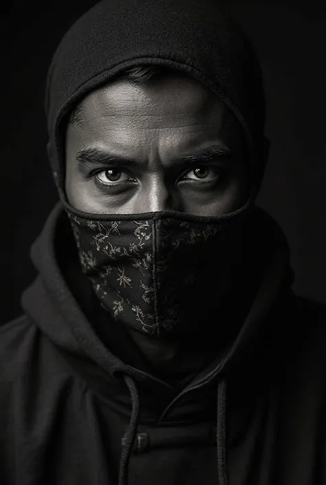 Dramatic portrait of a man wearing a balaclava-style mask with luxurious detailed patterns.  Her eyes are intense and expressive ,  transmitting mystery and trust . The image is monochrome ( Black and white) for a sophisticated and imposing effect. The bac...