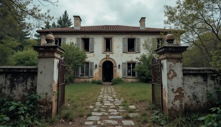 “The abandoned Cevallos family estate after the tragic events: windows are shattered, the wooden shutters are broken and hang on hinges, walls with spots of dampness. The garden has thick weeds, overgrown paths, at the gate there is a rusty chain with a lo...