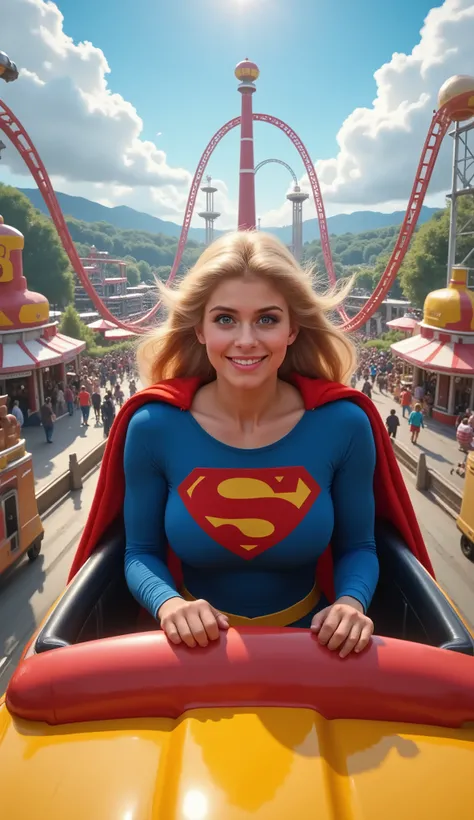 **"A highly detailed, ultra-realistic 8K image of Supergirl riding a thrilling roller coaster at Six Flags theme park, her iconic red cape billowing behind her as she speeds down a steep drop. She wears her classic blue and red Superman-inspired suit, with...