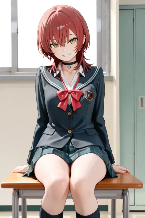 NSFW,masterpiece,Highest quality,High Resolution,very detailed, boyish girl,high school girl, red hair ,medium hair,wolf cut,clavicle,with golden eyes,choker,uniform,ribbons,miniskirt,チェックのminiskirt,knee socks,Indoor shoes, Smile,schools,physical education...