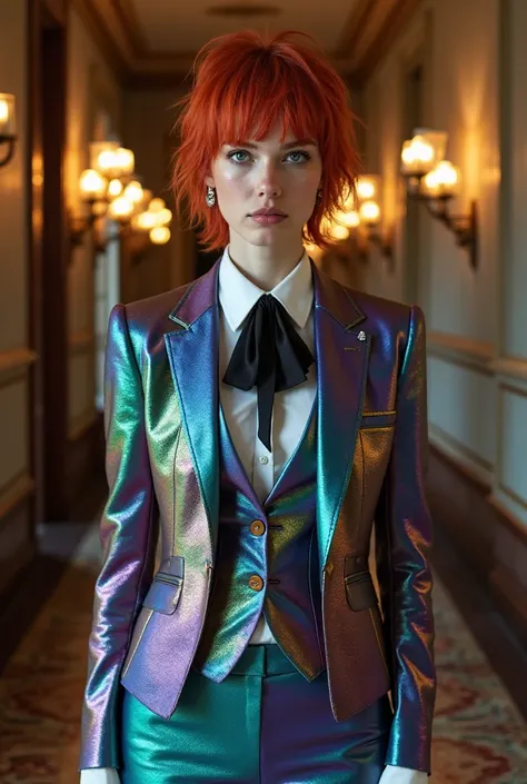 "A striking young woman with a ‘ish’ charm, dressed in a tailored rainbow-colored suit that shimmers subtly under the light, its hues shifting between deep blues, purples, and warm golds. The suit is sleek and androgynous, with a well-fitted vest, crisp wh...