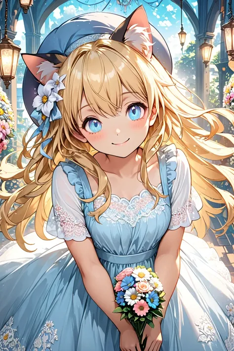 Anime girl, (ethnicity:1.0), (age:15), (blonde hair:1.2), (long hair:1.2), (detailed clothing:1.2), (dress:1.2), (light blue dress with white lace details and bows:1.2), (accessories:1.1), (flower bouquet:1.2), (light blue hat:1.1), (cat ears:1.1), (smilin...