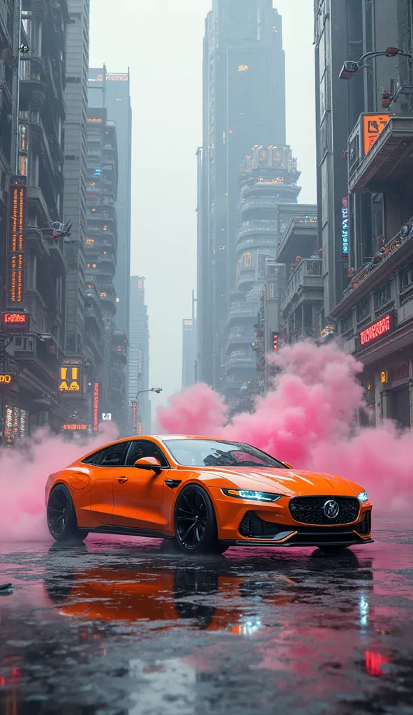 The best realistic city, metropolis, avenue. Side view, futuristic limited edition orange Buick LeSabre Parked, not moving. orange smoke in the background. Pink fantasy effect.