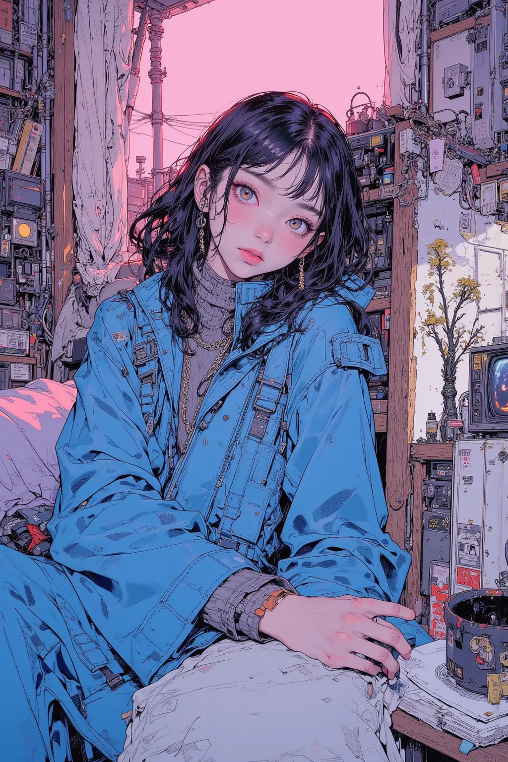  anime scene of a woman in a blue coat and pale pink background, CMYK palette,   Conrad Rosette and Makoto Shinkai Mix  ,   Iwakura Rain Closeup  ,   Lofi Girl  ,  Amazing TV Room   ,  anime style cityscape ,   anime still picture anime colored paper  , an...