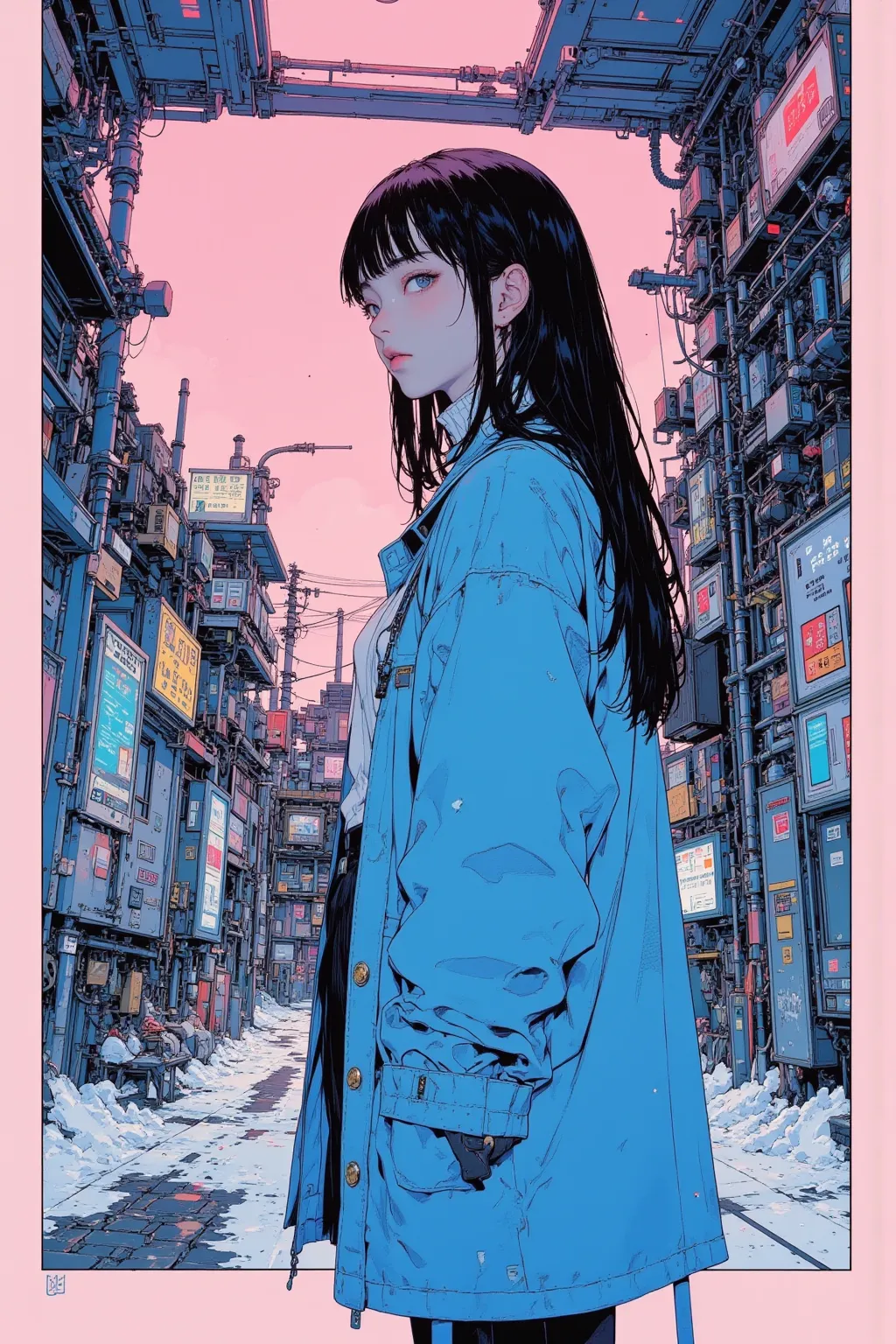  anime scene of a woman in a blue coat and pale pink background, CMYK palette,   Conrad Rosette and Makoto Shinkai Mix  ,   Iwakura Rain Closeup  ,   Lofi Girl  ,  Amazing TV Room   ,  anime style cityscape ,   anime still picture anime colored paper  , an...