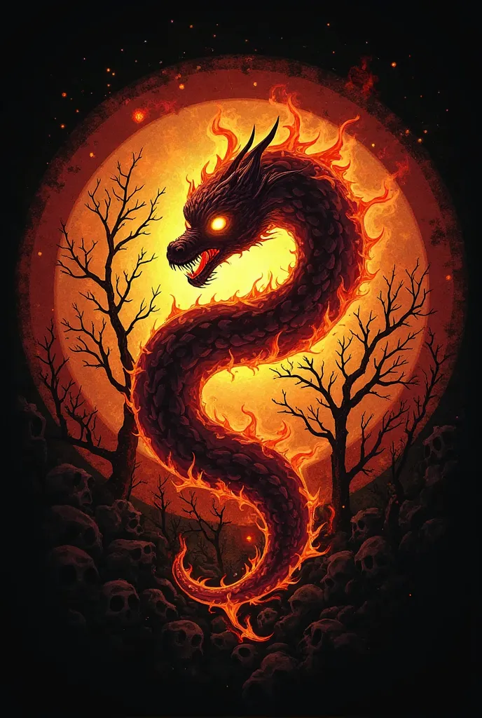 a round logo, mystical and dark, inspired by the Boitatá of Brazilian folklore. The fire serpent is represented in an imposing form, with a sinuous body that forms a flaming circle.  His glowing eyes shine like living embers , transmitting a mesmerizing an...