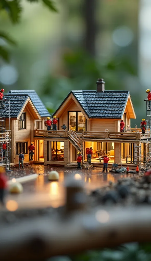 An ultra-realistic macro shot of a giant standard frame house in imitation timber finish with tiny people - [builders], 8 little men in [professional red construction uniforms] must work on [house construction]. Some builders stand on scaffolding, carefull...