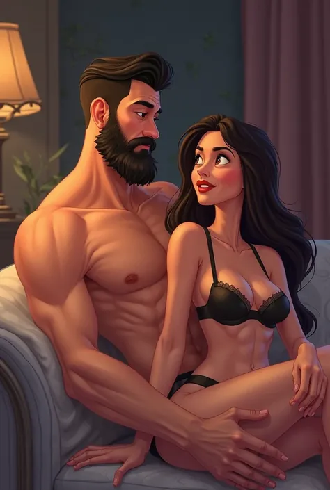 Create a Disney Pixar-like cartoon illustration with these characteristics.
A man with well-cut black hair, with a well-groomed beard, hairless and shirtless,  for underwear, with a defined physique, looks intensely at the woman, looks 40 years old,  Well ...