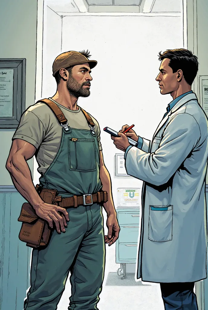 In comic format make a bricklayer talking in the hospital room with a doctor and a resident