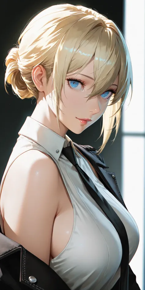 Masterpiece, very aesthetic, vibrant, high contrast, high resolution, ultra detailed, elegant mature woman, milf, blonde hair, hasir between eyes, updo hair, blue eyes, upper body, tie, sleeveless collared shirt, off shoulder jacket, side boobs, looking at...