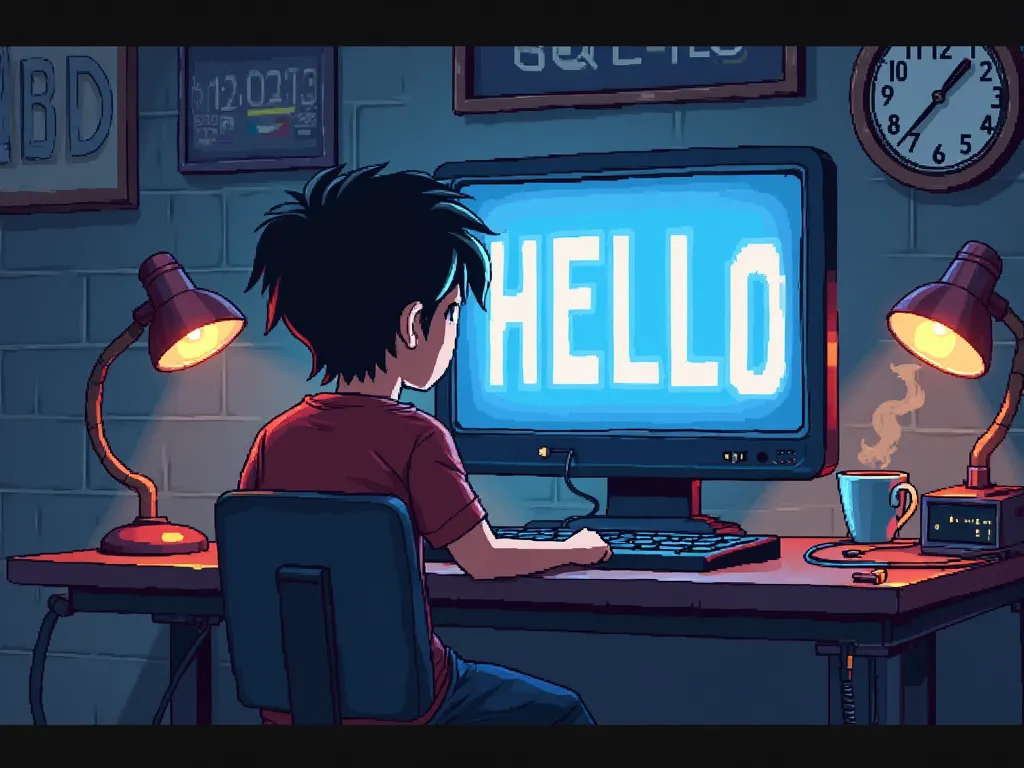 A pixel art scene of a character sitting behind a computer, with a retro monitor displaying the text "HELLO" in pixelated font. 
The character has a simple, expressive face and is illuminated by the soft blue glow of the screen. The background is a dimly l...