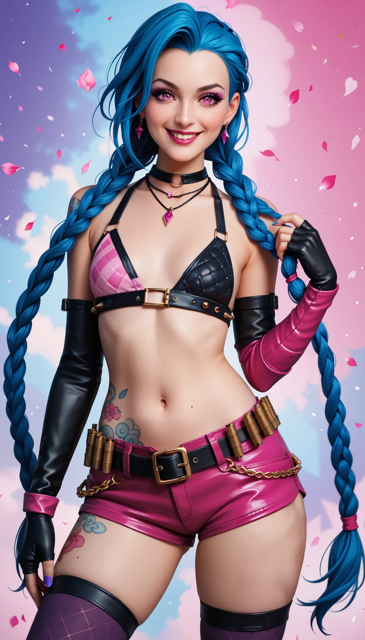 mature, 18 years old, 1girl, JinxLoLXL, pink eyes, blue hair, bangs, long hair, braid, twin braids, tattoo, small breasts, necklace, bikini top only, (two-tone bikini top), navel, gloves, single elbow glove, fingerless gloves, bullet belt, purple short sho...