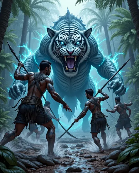 Dynamic battle scene: Dayak warriors with glowing tattoos fight a tiger-dragon hybrid in Borneo jungle. Poisonous purple lakes, giant carnivorous plants. Spears emit neon-blue light. Ultra-realistic rain droplets, mud splatters. Don Lawrence’s dramatic sha...