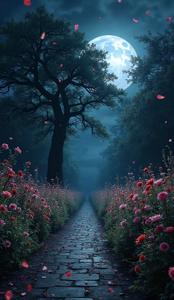 "A highly detailed and photorealistic nighttime scene of a beautiful flower garden on both sides of a narrow pathway. The path stretches into the darkness, creating a sense of mystery and depth. The full moon casts eerie light on a towering tree, making th...