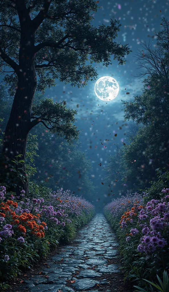 "A highly detailed and photorealistic nighttime scene of a beautiful flower garden on both sides of a narrow pathway. The path stretches into the darkness, creating a sense of mystery and depth. The full moon casts eerie light on a towering tree, making th...