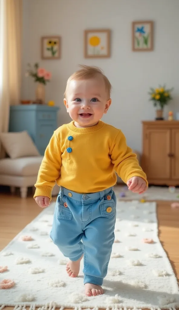 Generate an image of a cute baby walking confidently down a runway. The baby is dressed in a vibrant outfit with the colors yellow and blue , adorned with blue button details and leg pockets. The background should be a softly blurred living room with toys ...