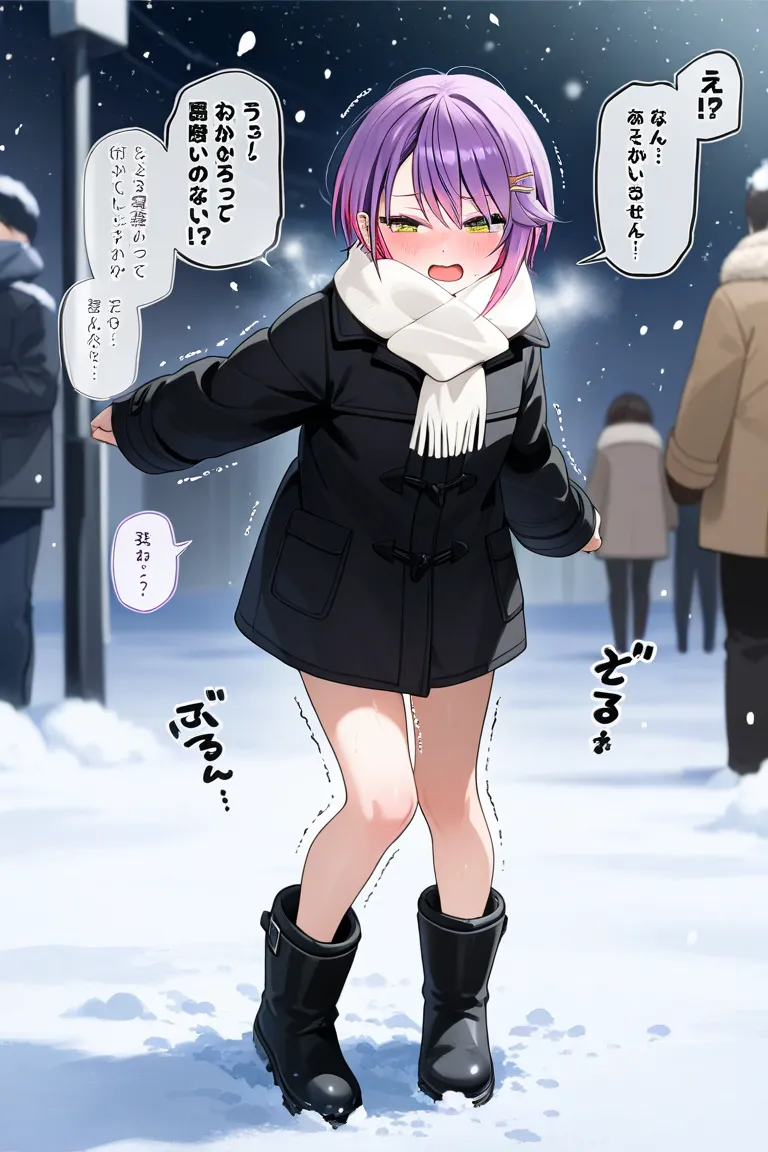 girl shivering in the cold in the snow、Poses for when it's cold、centerline、 with his mouth slightly open 、Add a speech bubble with her saying 'c,cold!!'、 Tokonami Towa、Hololive、 purple hair、short hair、 doya face、squinting、Snow in your hair、I'm raising one ...