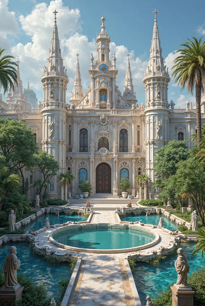 A beautiful magical square-shaped palace complex, water bodies, gazebos, tropical, tall towers, crossings between towers, statues beautiful stained glass windows and windows, lots of white, statues decorations 