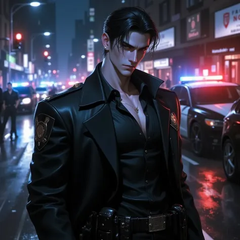 Close up. A tall, commanding man in his late 30s, standing in the middle of a dimly lit city street at night. He has a strong, muscular build, a sharp jawline, and piercing eyes that radiate authority and cold intelligence. His dark hair is slicked back ne...