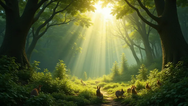 Visualize an ultra-photorealistic image of a dense forest bathed in the soft glow of sunlight filtering through the canopy. The image should capture the play of light and shadow on the foliage and forest floor, with rabbits and squirrels frolicking amidst ...