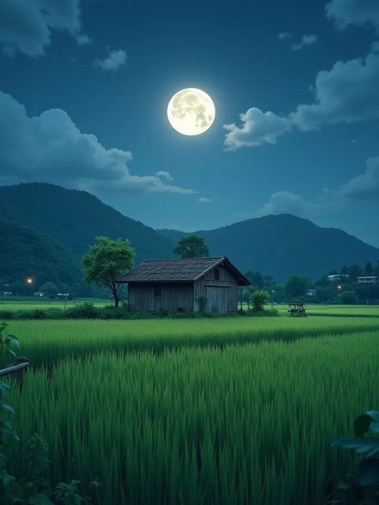 A simple house in the middle of a rice field, The background of the full moon is shining, 