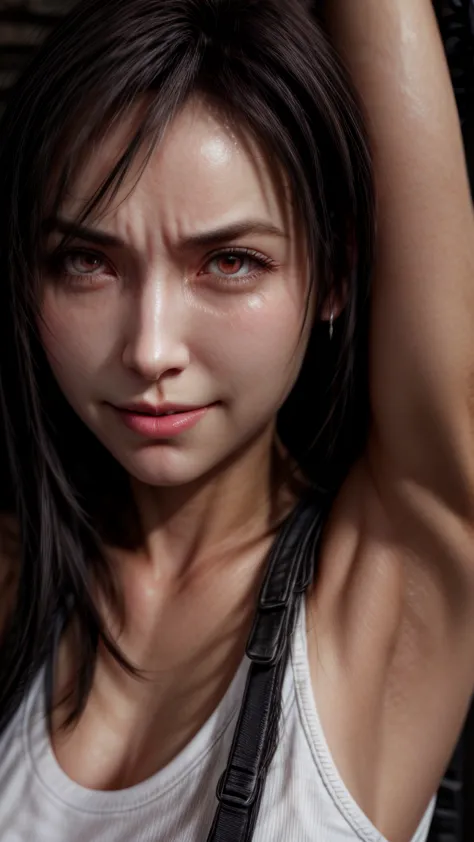 {left armpit close-up},masterpiece, best quality, tifa lockhart, red eyes, (white crop top, suspenders:1.2),(((((((armpit,armpit smell, Armpit muscles))))))), (left arm up,arm up close-up shot,under arm close-up shot:1.5) ,(looking at viewer:1.5),(Frown, c...