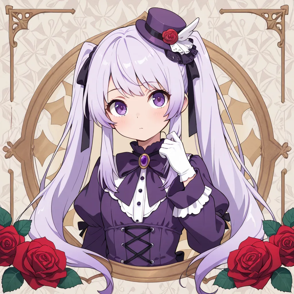 upper body,  little character, 
Alone,  girls on the left,  light purple hair with hair tips,  long hair,  purple eyes,  sagitales, twin tails, white gloves, 
break, 
Purple mini hat , purple lolita,   black platform boots , 
bow,  red rose pattern backgro...