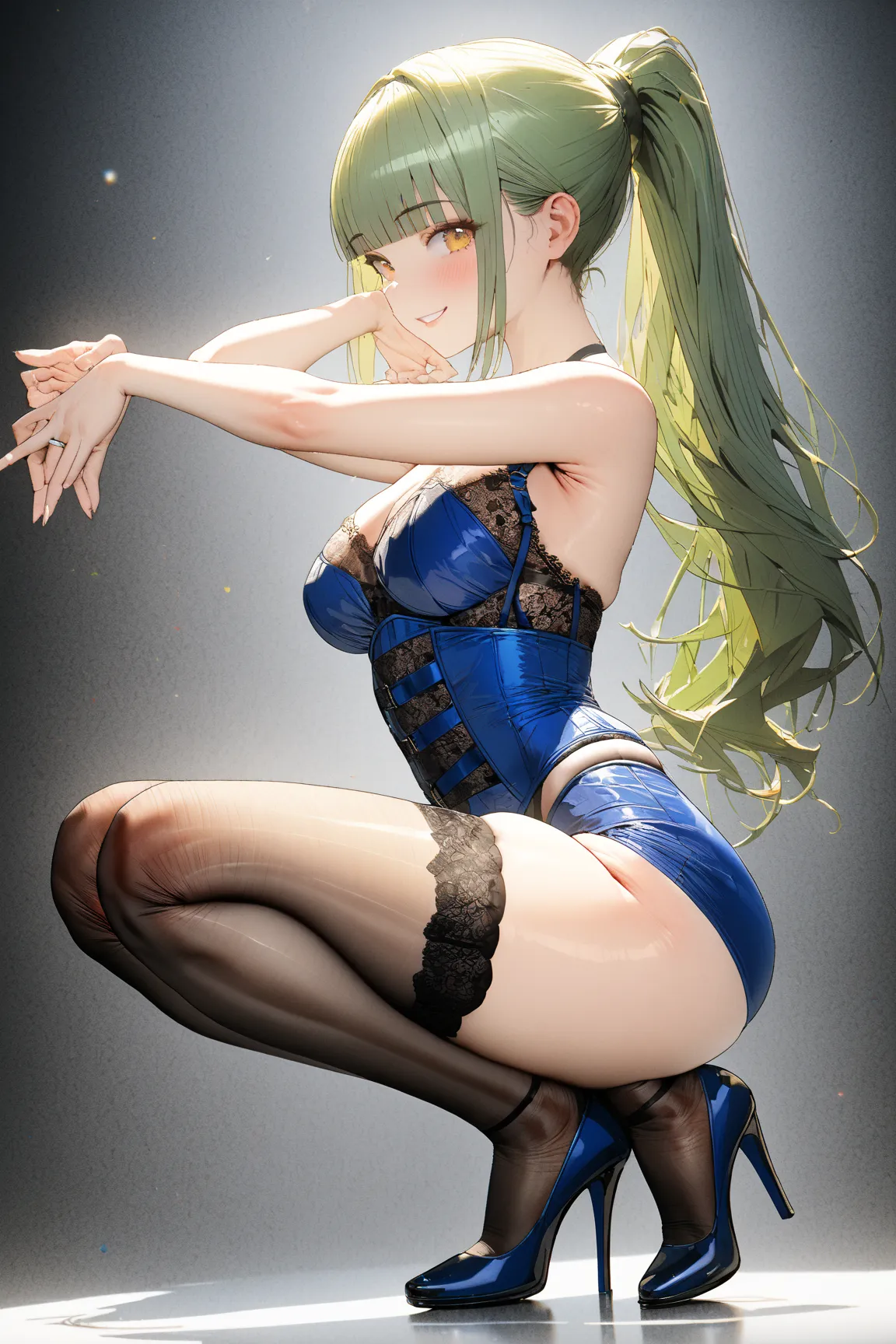 1 sexy woman, green hair with ponytail and bangs, yellow eyes, she wears 1 floral lace suspender corset set with underwire, with 1 pair of stockings, blue lingerie, masterpiece, 8k, ultra detailed, side view, smile, perfect hands, high heels, sexy pose, sk...