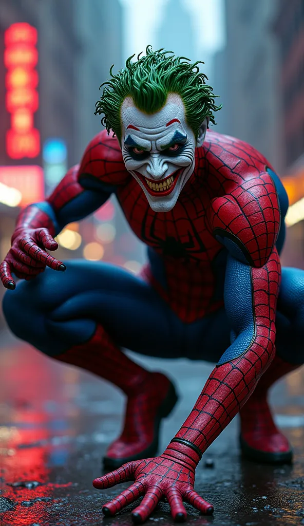 A surreal fusion of Joker and Spider-Man into a single character, combining their iconic traits. The figure has Spider-Man’s muscular physique and webbed suit, but with Joker’s eerie white face, green hair, and sinister grin. His suit is a mix of red, blue...