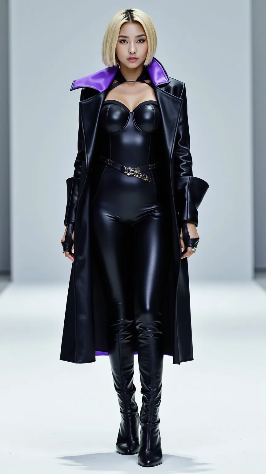  short blond hair, The black leather costume has a subtle purple accent, black leather bodysuit,  black leather pants , front and back view,  full body, pictorial,  white stage 