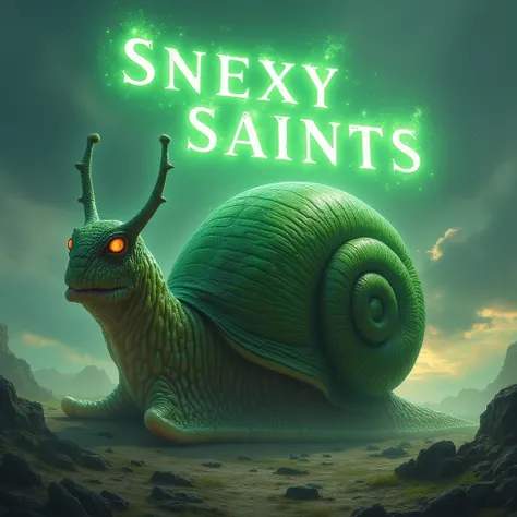 Snail with hulk head, Snexy Saints is written in the sky 