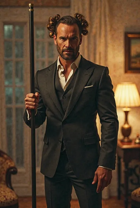 Jason Statham in a suit sweeping his house with his hair with curlers
