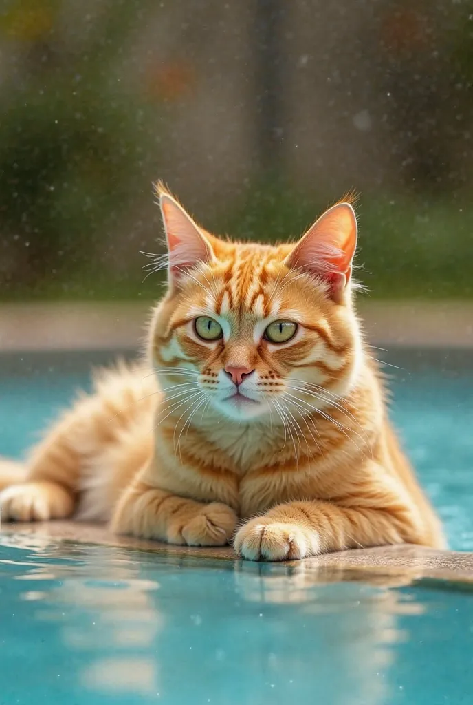 Create a realistic image of a sexy female cat animal lying near the pool ,The cat's color must be yellow,The background of the photo is very cheerful,The photo must be positioned from the middle to the top of hers