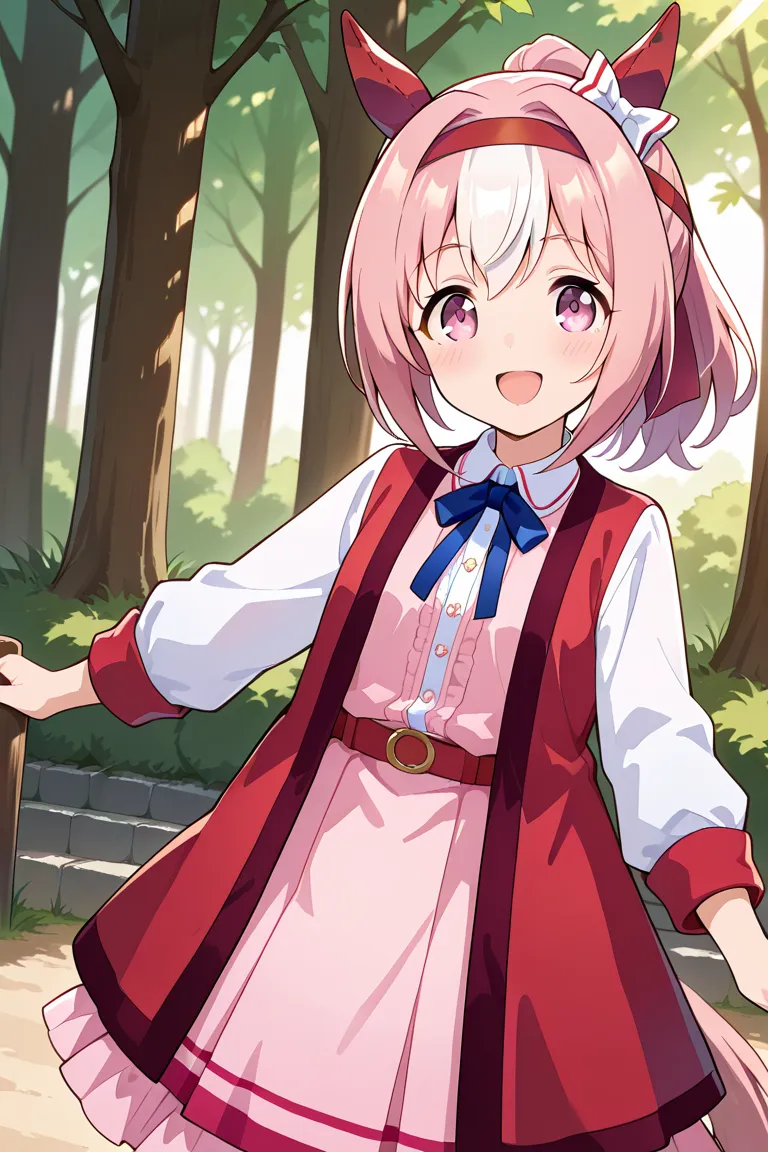 UMAHU ,horse ears,red ear covers,white hairbow,red headband,pink hair,ponytail,pink eyes,horse tail、flat  chest ,smile、looks happy