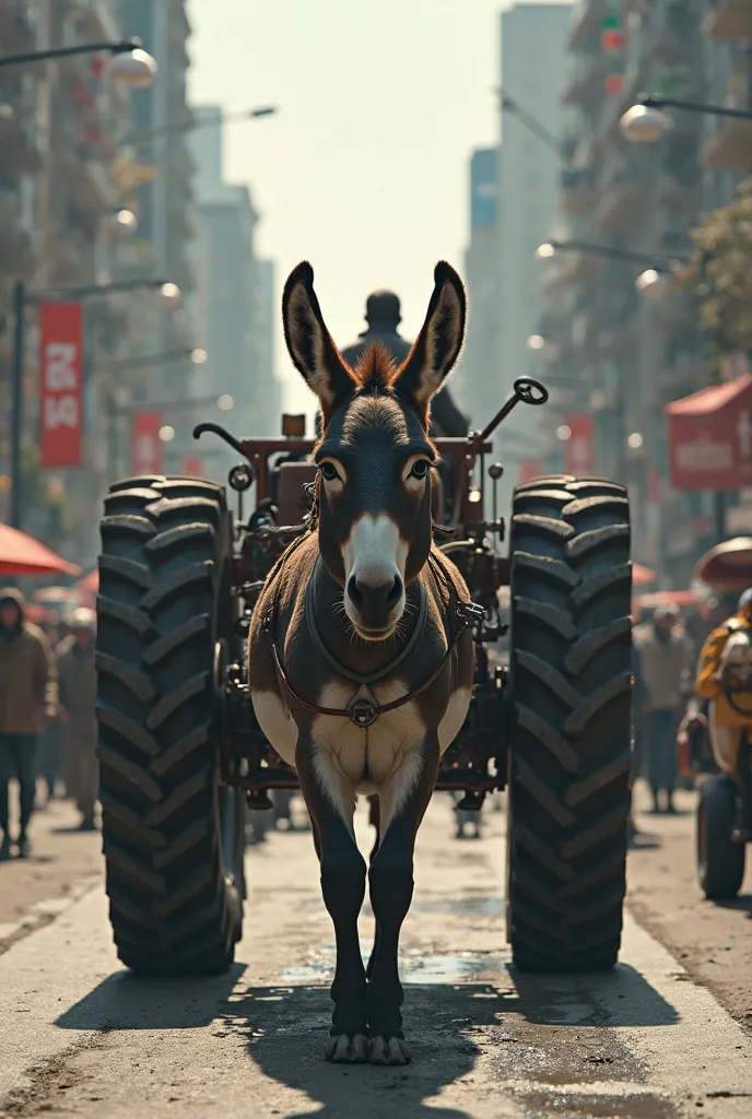 The donkey is walking on busy road carrying big tractor, 8k quality 