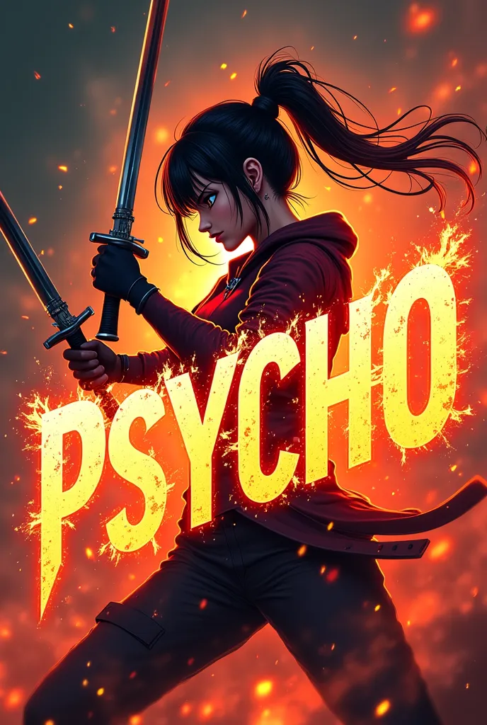 Create logo, a words PSYCHO PLAYS, fire font, fire, a woman girl Dual wielding sword,Synergies, character anime, animation