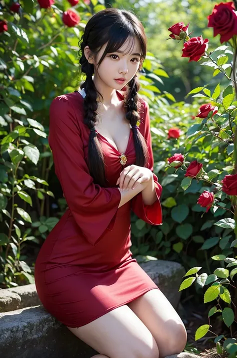 Arafed Asian woman, sitting on her knees in a rose forest in a red rose dress, sexy pose, beautiful Korean woman, Korean woman in a red rose dress, Korean woman with pigtails, beautiful young Korean woman, realistic young Korean woman, Japanese model, youn...