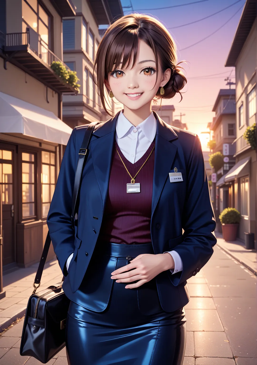 1 girl,office lady,navy skirt,low bun,brown hair,brown eye,short hair,swept bangs,hanging name tag,smile,evening,Town,Returning Home,walk,navy jacket ,Leather Tote Bag