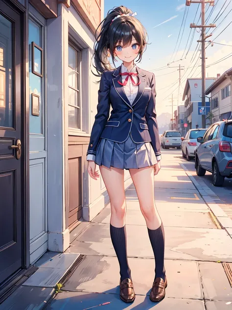    Cute high school student,  1 girl, solo, High Resolution,  long hair,  black hair, Ponytail, ribbon hair accessory, accurate, smiles, cowboy shot,  blazer、miniskirt、 school uniform、In front of the house、full body 