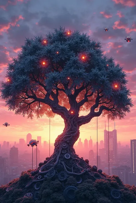 A tree made of gears and mechanical parts, with glowing lights instead of leaves, set against a sunset with vibrant purples and oranges. The roots of the tree could connect to circuit boards, and there could be small, glowing drones flying around the tree,...