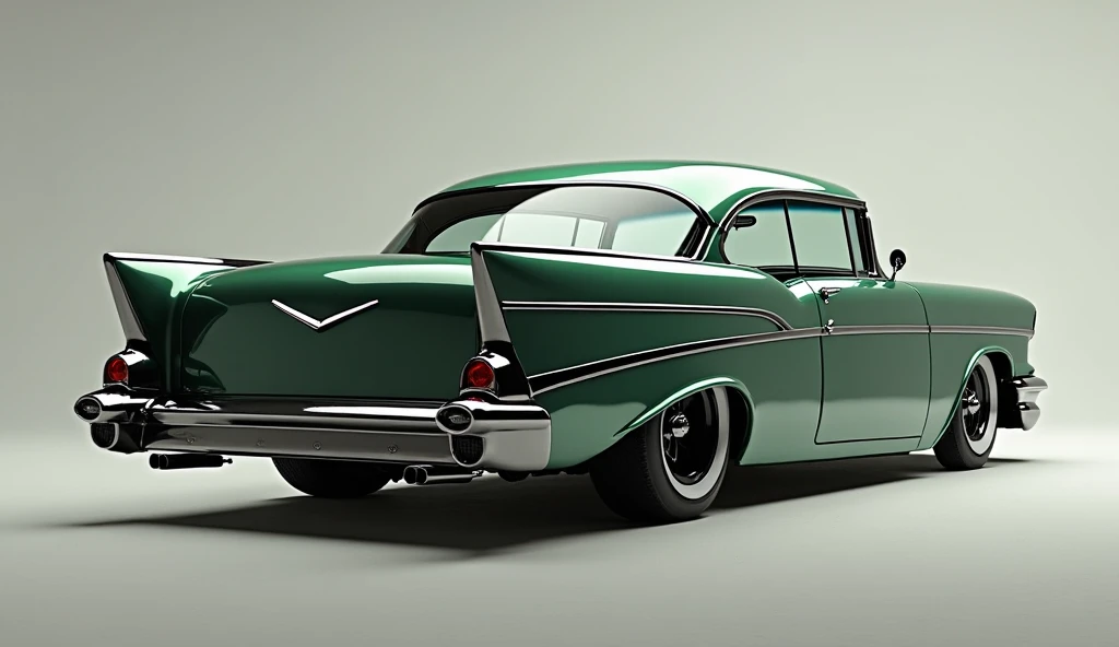 A direct Straight back view highly detailed, photorealistic image of a classic Chevrolet Bel Air from the 1950s, customized with a deep metallic green paint job and blacked-out chrome direct back


‎