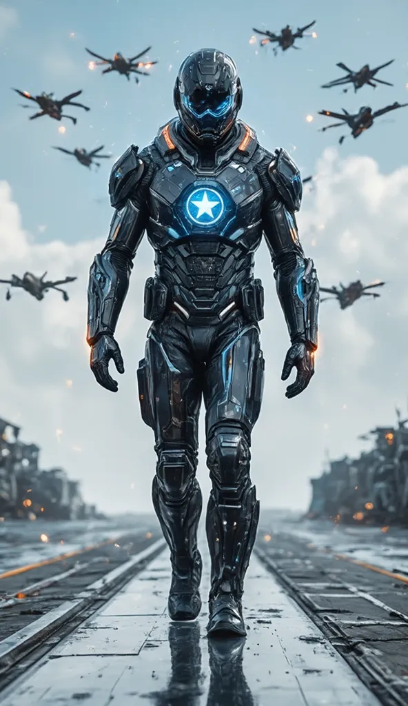 A next-gen super-soldier, clad in an adaptive exosuit made of liquid metal nanites, constantly shifting between stealth mode and full battle armor. His holographic energy shield features a pulsating AI-generated American star emblem, dynamically expanding ...