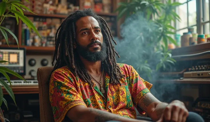 A picture of a Rasta man wearing a brightly colored shirt sitting in his room is a music studio with a background of light colored smoke and a marijuana plant 