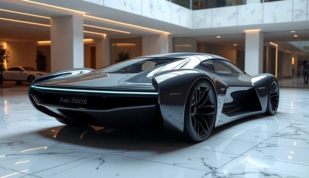 Ultra-photorealistic Alef Aeronautics Flying Car (2025) parked in a luxury showroom, Shot from high-angle rear three-quarter view to emphasize futuristic tail + aerodynamic curves, featuring liquid-metallic black paint, glossy  that enhances the aggressive...