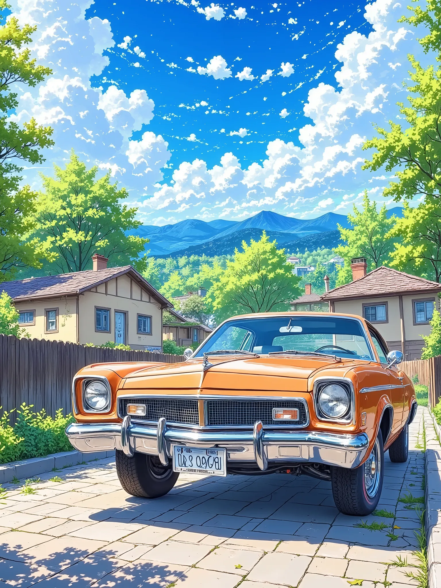 
A sunny, vibrant anime-style illustration of a residential neighborhood.  A classic-style orange car is parked on a paved driveway in front of two-story houses with light brown and beige exteriors. Lush green trees and bushes surround the houses, creating...