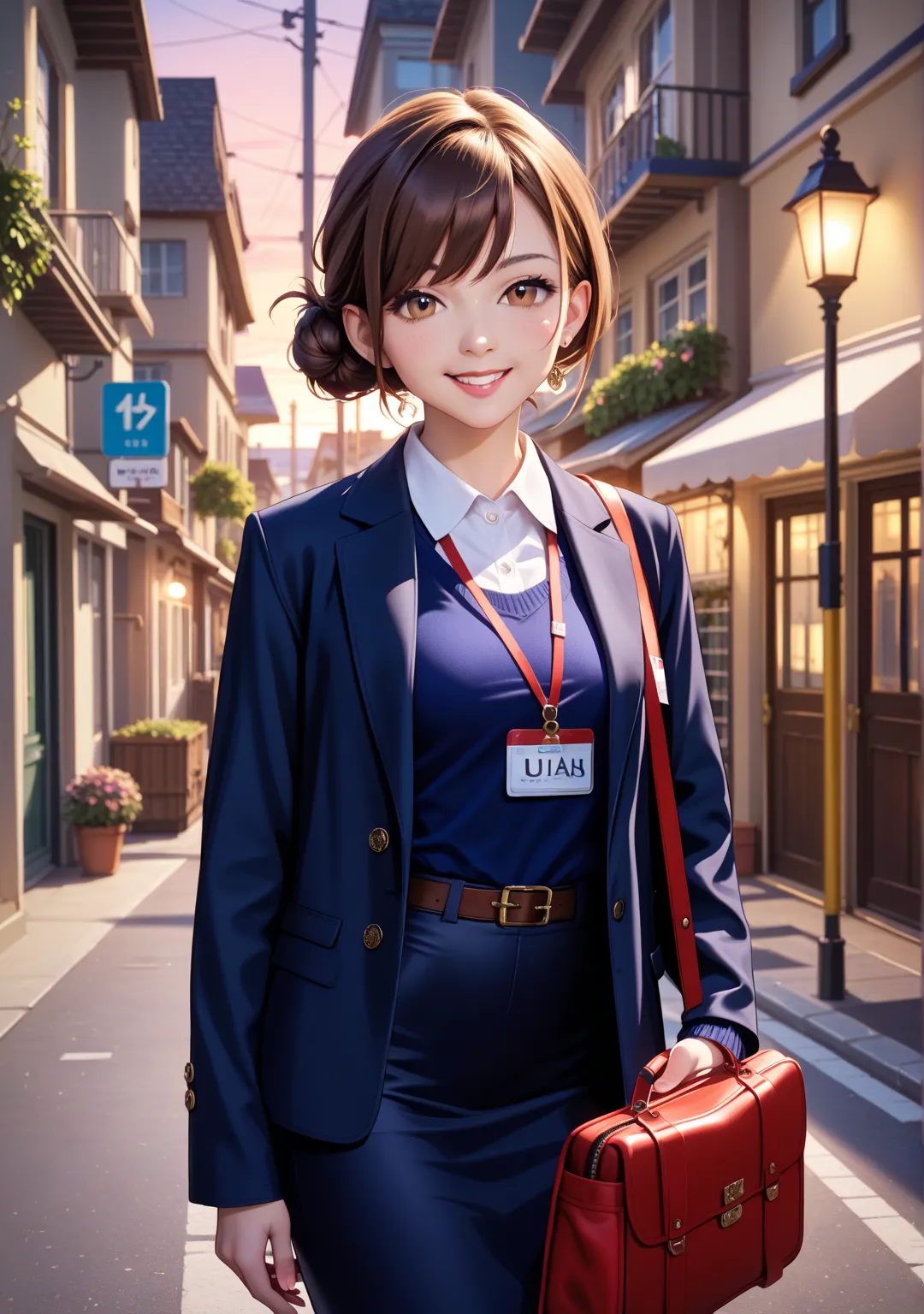 1 girl,office lady,navy skirt,low bun,brown hair,brown eye,short hair,swept bangs,hanging name tag,smile,evening,Town,Returning Home,walk,navy jacket ,bag