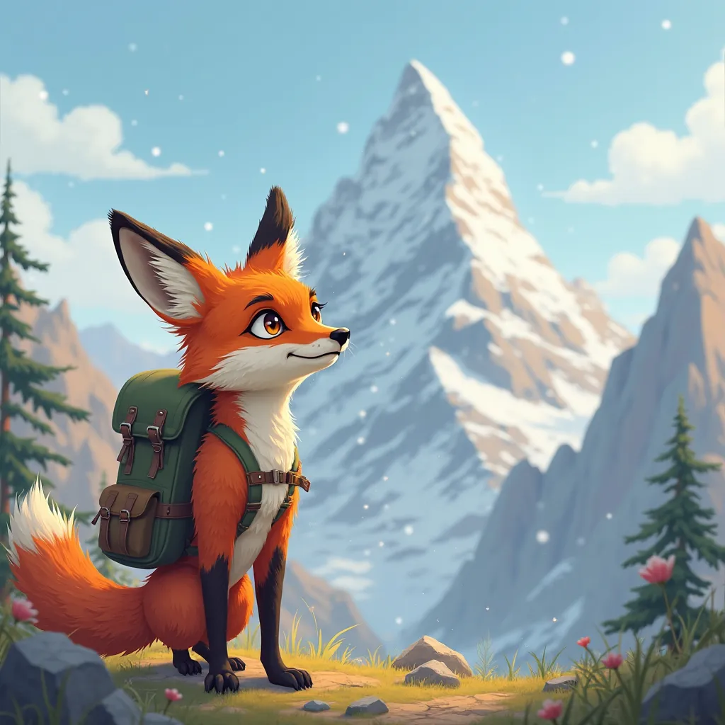  
Create a small brave fox with a backpack on his shoulders  ,who dreams of conquering a big mountain and looks at it with dreamy eyes  

 
 